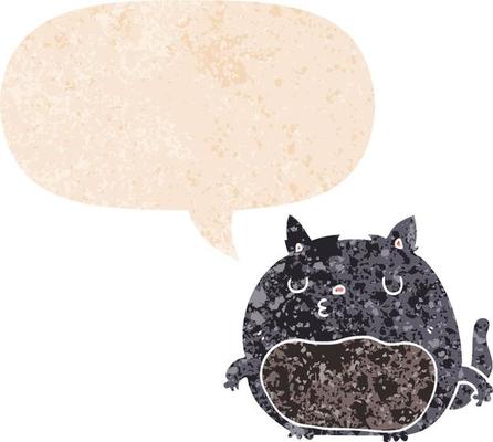 cartoon cat and speech bubble in retro textured style