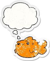 cartoon fish and thought bubble as a distressed worn sticker vector