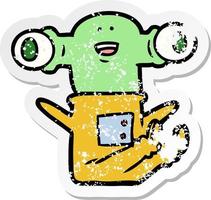 distressed sticker of a friendly cartoon alien sitting down vector