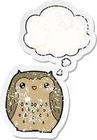 cute cartoon owl and thought bubble as a distressed worn sticker vector