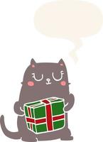 gato de navidad de dibujos animados y bocadillo de diálogo en estilo retro vector