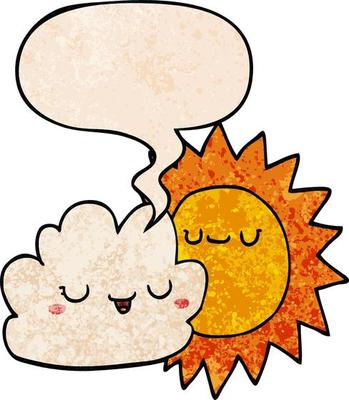 cartoon sun and cloud and speech bubble in retro texture style