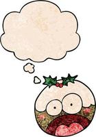 cartoon shocked chrstmas pudding and thought bubble in grunge texture pattern style vector