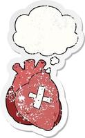 cartoon heart and thought bubble as a distressed worn sticker vector