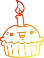 warm gradient line drawing cartoon cupcake with candle vector