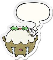 cartoon christmas pudding crying and speech bubble sticker vector