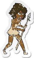 retro distressed sticker of a cartoon cave girl vector