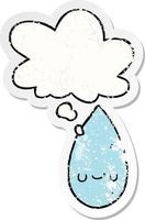 cartoon cute raindrop and thought bubble as a distressed worn sticker vector