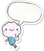 cute cloud head creature and speech bubble distressed sticker vector