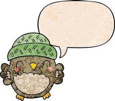 cute cartoon owl in hat and speech bubble in retro texture style vector