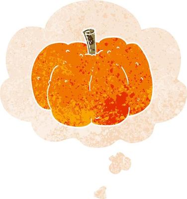 cartoon pumpkin and thought bubble in retro textured style