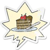 cartoon expensive slice of chocolate cake and speech bubble distressed sticker vector