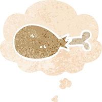 cartoon cooked chicken leg and thought bubble in retro textured style vector