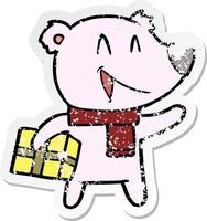 distressed sticker of a laughing christmas bear cartoon vector