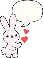 lindo conejo de dibujos animados y corazones de amor y burbuja del habla vector