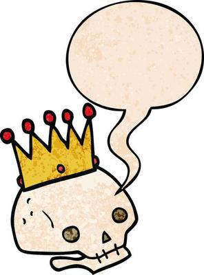 cartoon skull and crown and speech bubble in retro texture style