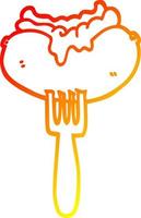 warm gradient line drawing cartoon hotdog with mustard and ketchup on fork vector