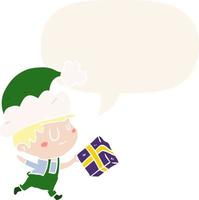 cartoon happy christmas elf and present and speech bubble in retro style vector