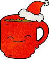 textured cartoon of a coffee mug wearing santa hat