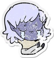 distressed sticker of a cartoon crying elf girl vector