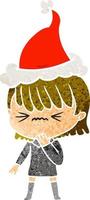 retro cartoon of a girl regretting a mistake wearing santa hat vector