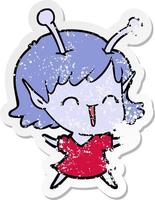 distressed sticker of a cartoon alien girl laughing vector