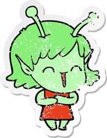 distressed sticker of a cartoon happy alien girl vector