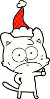 comic book style illustration of a nervous cat wearing santa hat vector