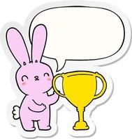 lindo conejo de dibujos animados y copa de trofeo deportivo y pegatina de burbuja de habla vector