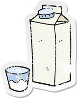 pegatina retro angustiada de un cartón de leche de dibujos animados vector