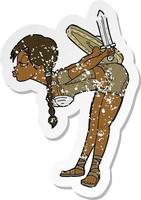 retro distressed sticker of a cartoon viking girl bowing vector