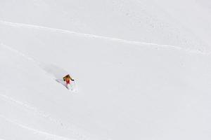 freeride skier skiing in deep powder snow photo