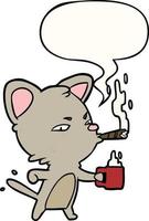 gato de negocios serio de dibujos animados y café y cigarro y burbuja del habla vector