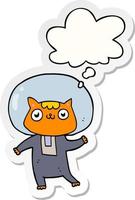 gato espacial de dibujos animados y burbuja de pensamiento como pegatina impresa vector