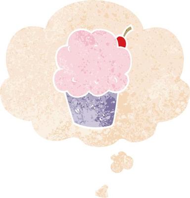 cartoon cupcake and thought bubble in retro textured style