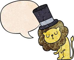 lindo león de dibujos animados con sombrero de copa y burbuja de habla en estilo de textura retro vector