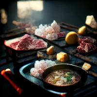 sukiyaki de olla caliente de carne japonesa foto