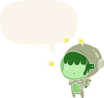 cartoon female future astronaut in space suit and speech bubble in retro style
