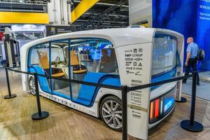 FRANKFURT, GERMANY - SEPT 2019 white blue driverless shuttle bus RINSPEED SNAP, IAA International Motor Show Auto Exhibtion photo