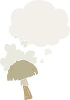 cartoon mushroom with spore cloud and thought bubble in retro style vector