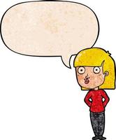 cartoon woman staring and speech bubble in retro texture style vector