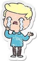 distressed sticker of a cartoon man crying vector