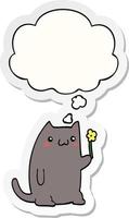 lindo gato de dibujos animados y burbuja de pensamiento como una pegatina impresa vector