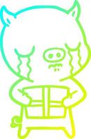 cold gradient line drawing cartoon pig crying over christmas present vector
