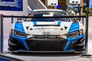 FRANKFURT, GERMANY - SEPT 2019 blue white AUDI R8 racing sport car GT, IAA International Motor Show Auto Exhibtion photo