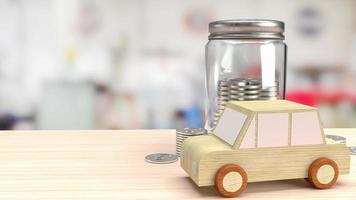The car wood toy and jar coins for saving concept 3d rendering photo