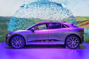 FRANKFURT, GERMANY - SEPT 2019 silver gray JAGUAR I-SPACE is a battery-electric crossover SUV produced by British automotive company Jaguar Land Rover JLR, IAA International Motor Show Auto Exhibtion photo