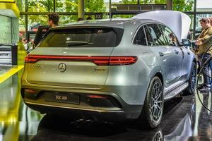 FRANKFURT, GERMANY - SEPT 2019 silver gray MERCEDES-BENZ EQC 400 N293 is a fully-electric compact luxury SUV, IAA International Motor Show Auto Exhibtion photo
