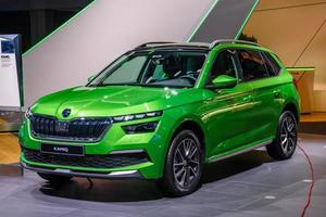 FRANKFURT, GERMANY - SEPT 2019 lime green SKODA KAMIQ subcompact crossover SUV, IAA International Motor Show Auto Exhibtion photo