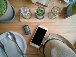 The Top view , flat lay wood table image for background. photo